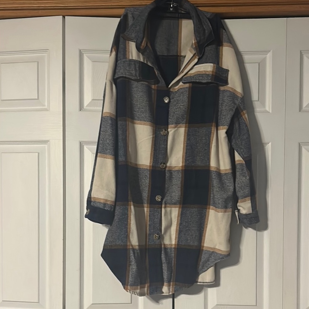 SHEIN Plaid Long Sleeve Dress - Navy and Cream